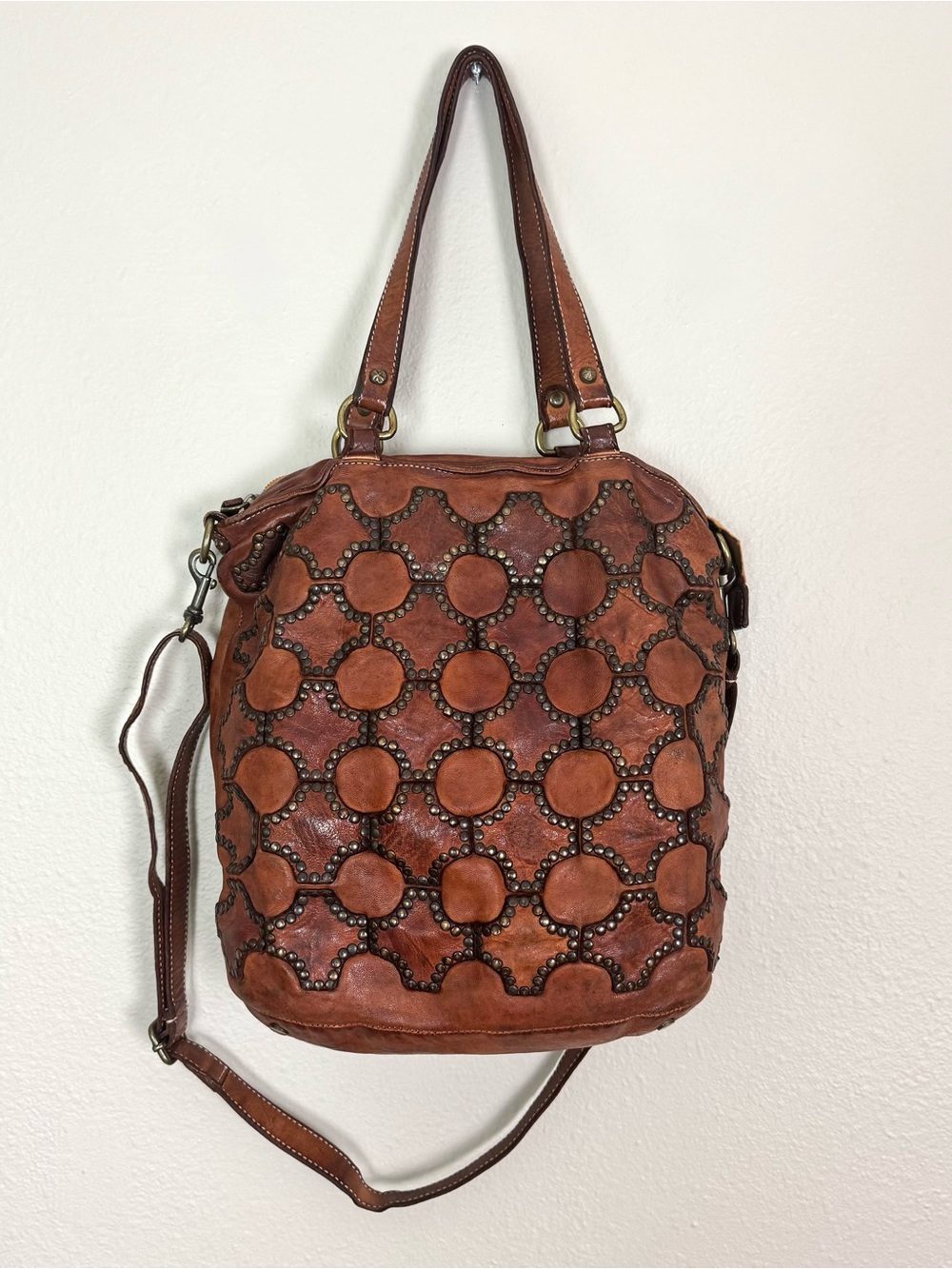 Sundance Rustic Boho Studded Brown Distressed Leather Shoulder or Crossbody Bag